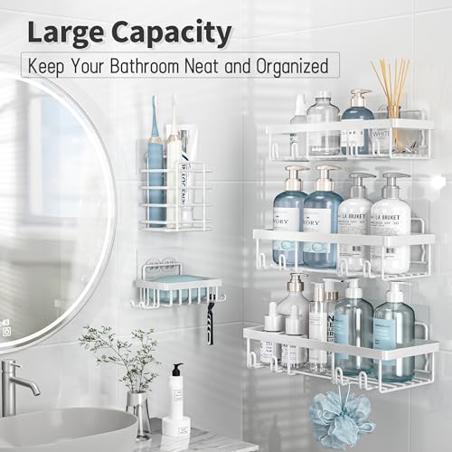 Image of Liuoud 10 Pack Shower Caddy Organizer Rack Shelf for Inside Shower, Self Adhesive Wall Storage Basket Rustproof Stainless Steel Shampoo Holder Bathroom Accessory Decor Set, White