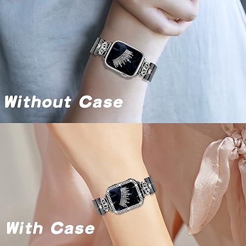 Magnetic Band Compatible with Apple Watch 38mm 40mm 41mm 42mm 44mm 45mm 46mm Stainless Steel Metal Strap with Bling Case and Built-in Screen Protector, Dressy Milanese Loop iWatch Bands for Women