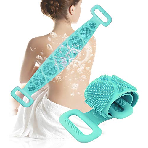 back scrubber Silicone Body Scrubber Bath Shower Towel,stocking stuffers for her Back Cleaning Shower Strap,Silicone Body Brush, Body Wash Silicone Scrubber Belt for Men Women, Easy to Clean (GREEN)