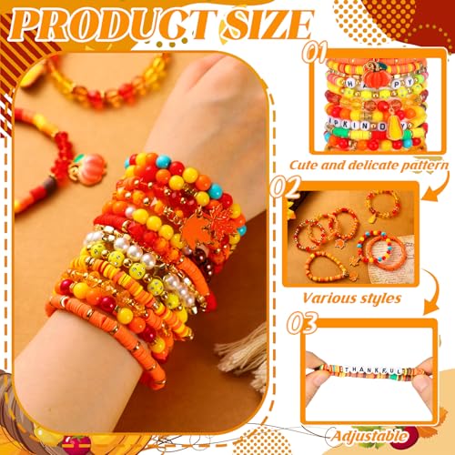 Henoyso 62 Pcs Fall Clay Beaded Bracelets Thanksgiving Friendship Bracelets Bulk for Women, Autumn Stackable Vinyl Disc Elastic Layering Surfer Heishi Stretch Wristband for Party Favor Supplies Gifts4