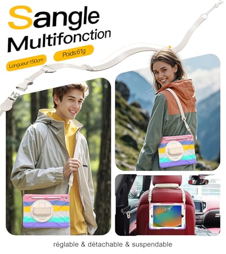 Coque iPad 9/8/7 Multicolore Robuste avec Support 360 Degres et Dragonne