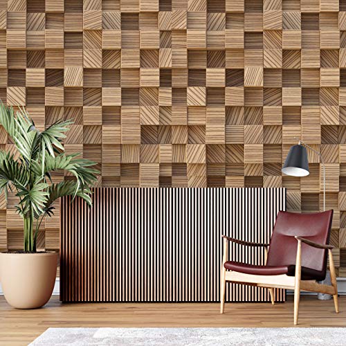 Image of DWELLSINDIA 3D Wood Cubes Self Adhesive Wallpaper Peel & Stick, Waterproof, Scratch Resistant, Laminated (41cm x 244cm, Brown)