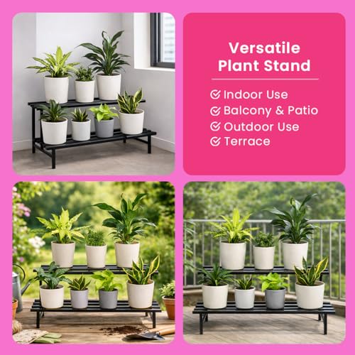 Image of Garden Genie 2-Tier Metal Plant Stand | Heavy Duty Metal Plant Stand for Outdoor Balcony & Indoor Use | Iron Pot Stand for Plants & Garden Use (Black)