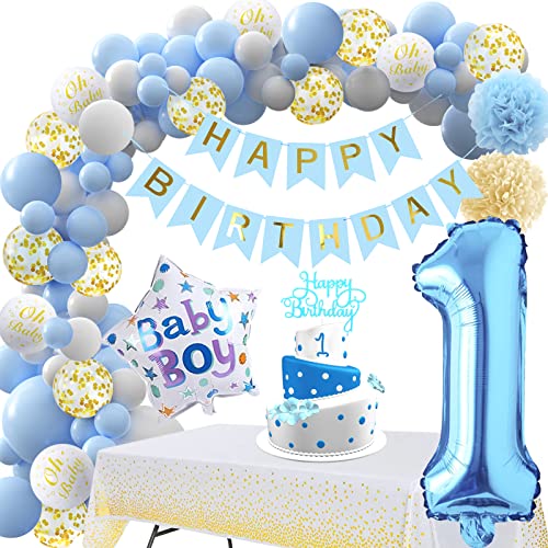 1 an Anniversaire Garcon Deco, Decoration anniversaire 1 an Garcon, Bleu Arch Ballons Anniversaire 1 an, Nappe Bannière Joyeux Anniversaire Deco pour Décoration Baby Shower Cover