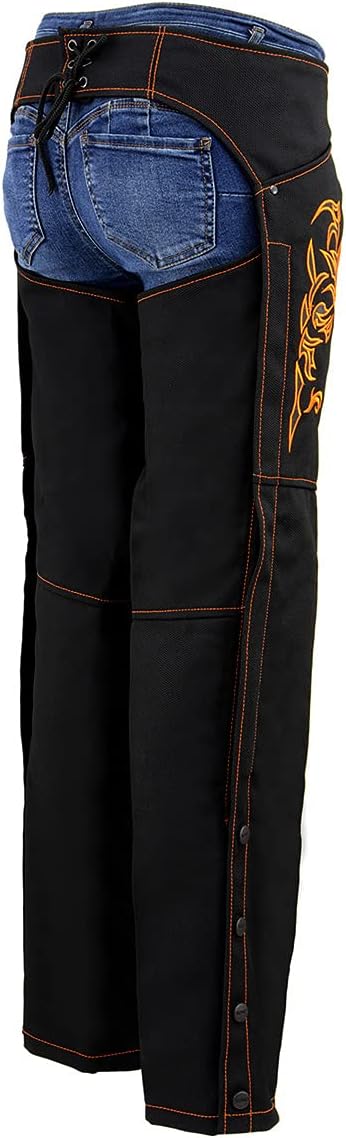 Milwaukee Leather SH1182 Women's Black Textile Motorcycle Riding Chaps with Tribal Embroidery