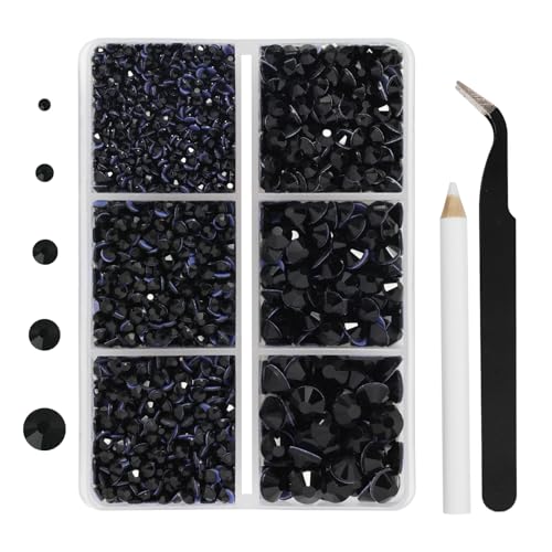Hotfix Rhinestones 3960pcs Black Rhinestone for Clothes Hot Fix Crystals Rhinestones with Tweezers and Wax Pencil Kit Mixed 5 Sizes SS6-SS30 Jet Black