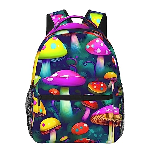 Mochila de viaje de piel de vaca marrón y estampado artístico de setas