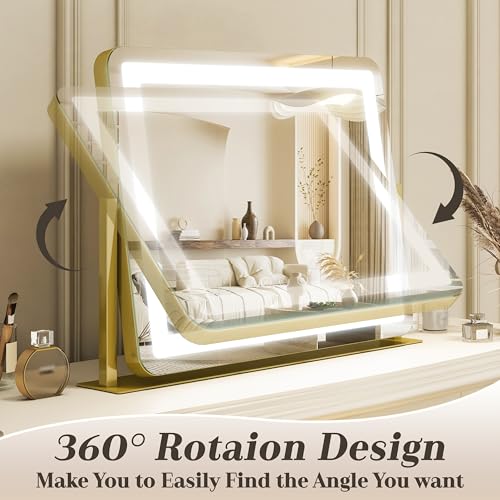 Image of ROLOVE Gold Vanity Mirror with Lights - Smart Touch Dimming, 3-Color Lighting, 360 Rotatable Desktop Makeup Mirror for Desk, 22 inchx17 inch