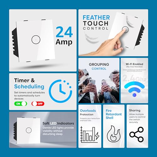 Image of SmartLife Modular 24 Amp Touch Switch (White) | WiFi + BLE | Premium Glass Finish | Compatible with Alexa, Google Assistant, HA, IFTTT & SmartLife App | Fits Roma & Similar Plates