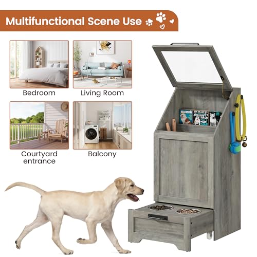 Dog Feeding Station with 2 Elevated Dog Bowls, Pet Feeding Station,Flip Top Pet Food Cabinet,Pet Food Container,Pet Toy Storage Organizer,Modern Storage Organizer,Grey