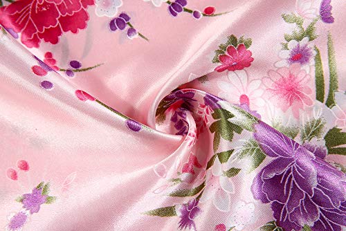 Women's Short Floral Kimono Robe Blossom Bathrobe for Wedding Party Bridal Dressing Gown Sleepwear Pink