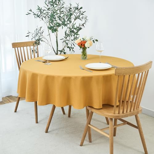 Image of maxmill Round Weaved Texture Design Tablecloth Spill-Proof Wrinkle Free Soft Washable Table Cloth for Circular Table Cover, for Dining Room Banquet Parties Holiday Dinner, 90 Inch Ochre Yellow