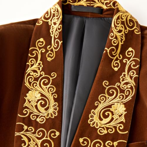 DAMANGUAN Men's Velvet Blazer, Gold Embroidered Suit Jacket, Black Tuxedo for Wedding Party Prom (US, Alpha, Large, Regular, Regular, Brown) - image 5