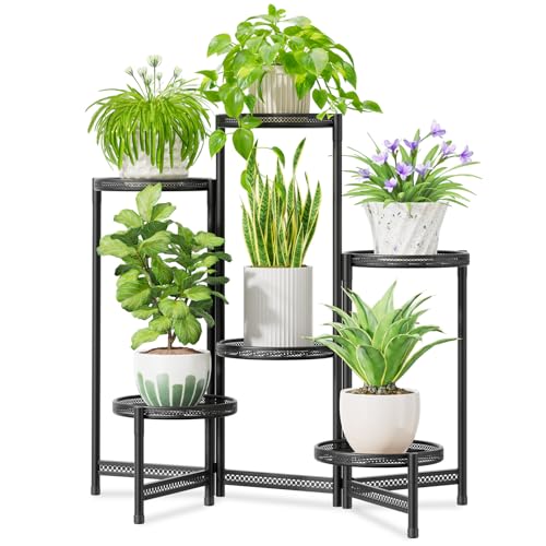 Image of iDavosic.ly 6 Tier Large Plant Stand Indoor with 10-Inch Wide Drainage Tray, Tiered Corner Metal Outdoor Flower Display Holder Shelf, Folding Tall Rack for Patio Porch Balcony, Black Iron Carving