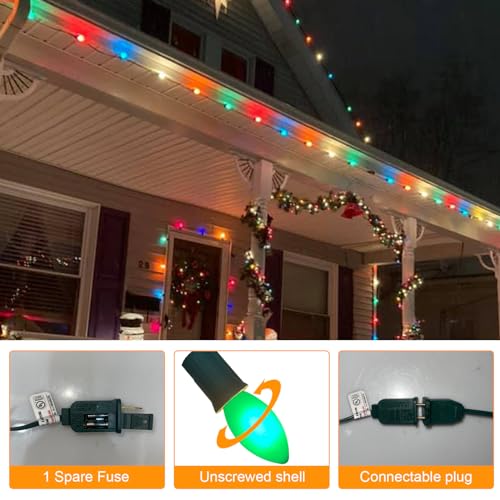 Image of C9 Multicolor Christmas Lights Outdoor, 25Ft Vintage Christmas String Lights with 26 Colorful Ceramic Bulbs, Hanging Patio Lights for Outdoor Roofline Christmas Tree Garden Pathway Decor, Green Wire