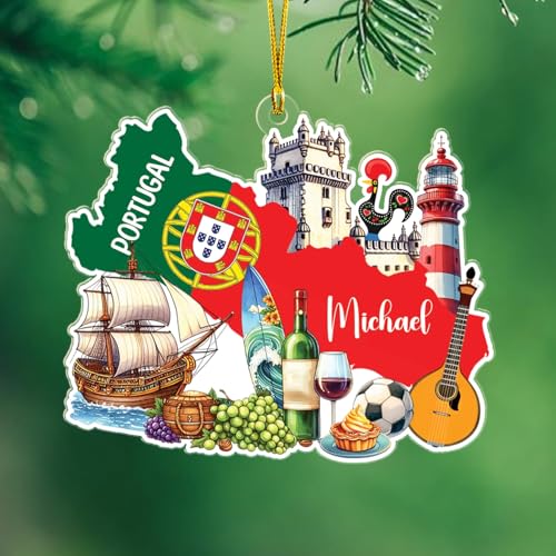 Personalized Portugal Symbols Shaped Keepsake Xmas 2025, Portuguese Landmark Christmas Ornament Gifts for Travel Memories, Custom Name Portugal Trip Souvenir Acrylic Decor, Portuguese Lover Ornaments