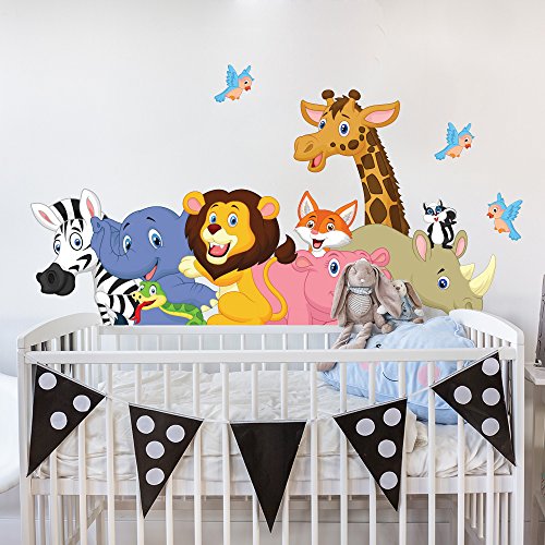 R00149 Pegatina Vinilo Pared Suave Efecto Tejido Decoración Niño Bebé Habitación Infantil Guardería Papel Pintado Autoadhesivo Animalitos Selva