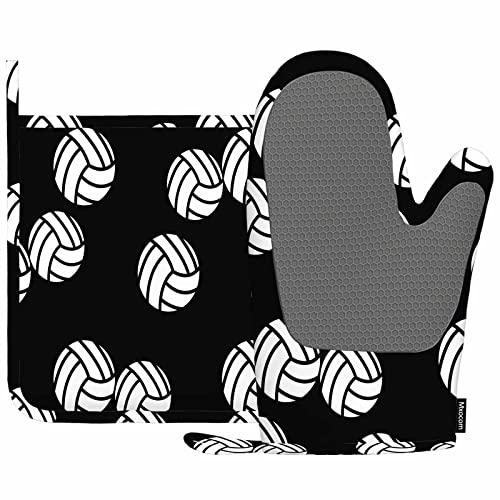 Mxocom Volleyball Oven Mitt and Pot Holder with Silicone White Volleyball on Black Background Heat Resistant Kitchen for Cooking BBQ Baking Grilling Spring/Summer