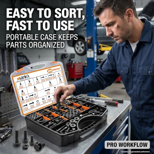 mankk Metric Flange Bolts and Nuts Assortment Kit M6x1.0, M8x1.25, M10x1.5 (12mm to 30mm) Hex Bolts and Nuts Washers Kit for Automotive (10.9 Black Alloy Steel Class)