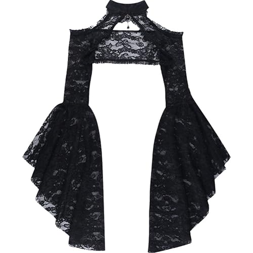 Gothic Lace Bell Sleeve Crop Tops Women Flare Sleeve See Through Black Sexy Goth Lace for Halloween Masquerade Performance - Large