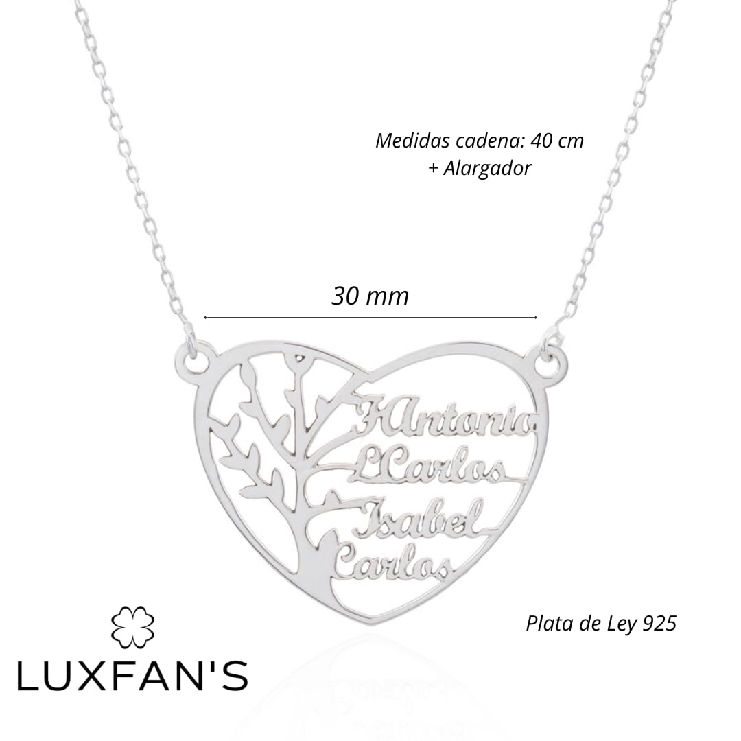 Collar Personalizable Árbol de la Vida con nombres para Mujer Personalizado, con cadena Rolo de 40cm + Alargador. Gargantilla ideal para regalar a madres o abuelas. (Corazón hasta 6 Nombres)