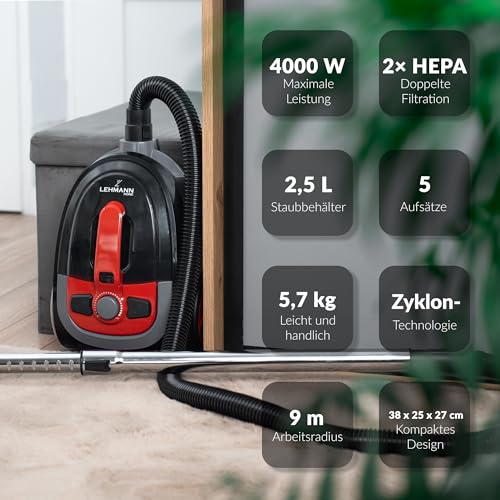LEHMANN Typhoon beutelloser Staubsauger 4000 Watt | beutellos Zyklon Staubsauger mit Set von Aufsätzen | leistungsstarker Staubsauger mit Düsensatz | HEPA Filter, Turbobürste, Staubbehälter 2,5L