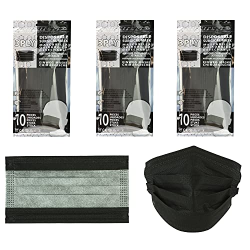 SRV Hub® - Mascarillas desechables de 3 capas para adultos, 30 unidades, material transpirable, filtrado de polvo de partículas, (Paquete de 30 mascarillas negras para adultos)