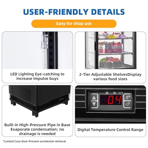 Image of 2 Cu.Ft Countertop Refrigerated Display Case with LED Light | Double Tempered Glass,Digital Control, Anti-Fog, Adjustable PVC Shelves & Auto Defrost for Bakery, Cafe, Restaurant