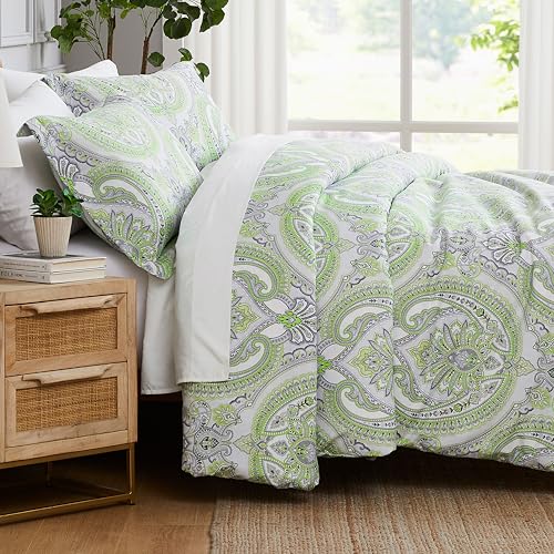 Southshore Fine Living, Inc. Oversized Full/Queen Size Comforter Bedding Set, Boho Bedding, Paisley Print Bedspread, Full Size/Queen Bed Comforter Set with 2 Matching Shams, Pure Melody Green
