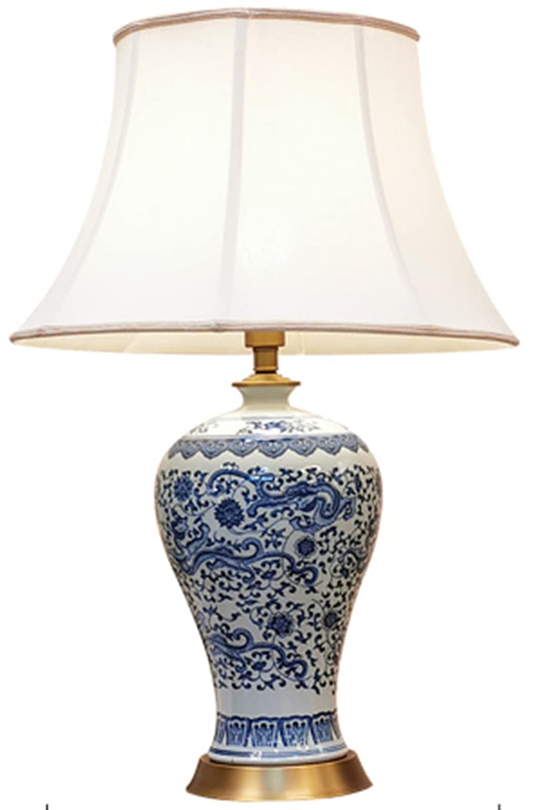 SGKOMN Chinese Blue And White Porcelain Table Lamp, Cloth Lampshade, Copper Base, Classical Ceramic Table Lamp, Living Room, Bedroom Bedside, Hallway, Lounge, Room Decoration