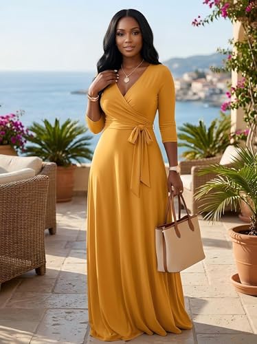 Image of PinkPatty Women's Plus Size Maxi Dresses Casual Flowy 3 /4 Sleeves Dress Printed Vacation Dress for Daily Wear with Belt