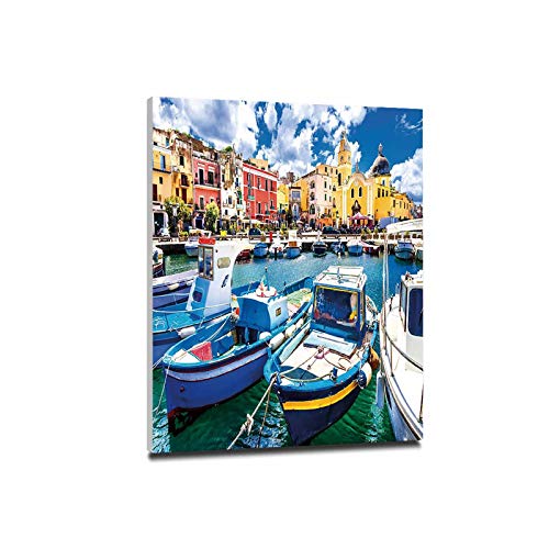 イタリア 印刷者 アートフレーム モダン 40x50cm 木製パネル付 絵 絵画 インテリア 壁掛け 壁飾り 風水 玄関 (木枠付きの完成品) 釣り船とカラフルなプローチダ島夏の観光休暇旅行のテーマ装飾多色