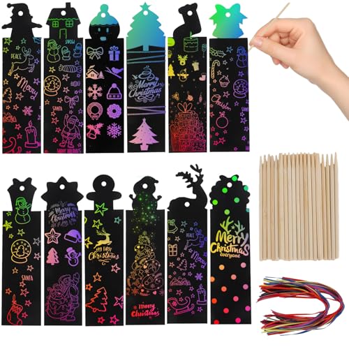 Koudindg 60 Sets Christmas Rainbow Scratch Bookmarks,Christmas Party Favors Scratch Art Ribbons Bamboo Stylus Office Crafts Sunday School Craft Cards Office Gifts for Students