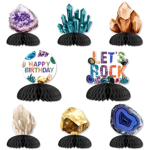 Decoraciones de fiesta de rocas y gemas con acabados nítidos para mesas de cumpleaños