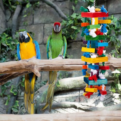 Image of Seenelling 3 Pcs Extra Large Bird Toys for Parrots, Block and Rope | Multicolored Natural Wooden Blocks & Beads Bells, Bird Cage Chewing Toys for Large Medium Macaws African Grey Cockatoos