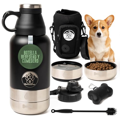 ​Botella de Agua para Perros 1L de Acero Inoxidable – Bebedero Portátil Térmico con Comedero y 2 Tapas – Incluye Funda Neopreno, Dispensador de Bolsas y Cepillo – Accesorio de Viaje 4 en 1| NomadaPaw