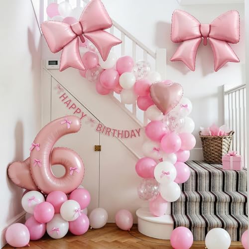 Image of 6th Birthday Decorations for Girl,Pink 6 Balloons for Party Decorations | 6 Year Old Birthday Decoration,Anniversary Party Decor,Pink White Balloons,Bow Print Balloons,Heart Balloons