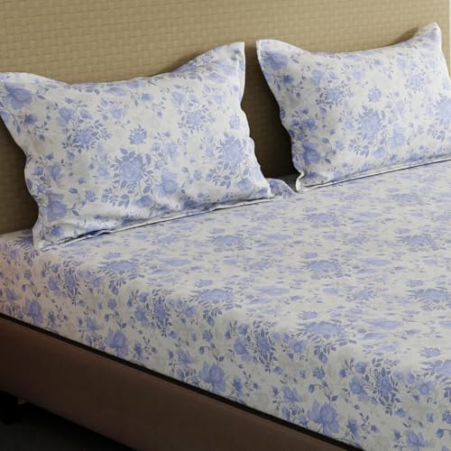 Image of Layers 100% Cotton Bedsheet for King Size Bed | Lumina Floret Collection | 144 TC Soft & Breathable | Floral Print with 2 Pillow Covers | Wrinkle Free & Colorfast | 3 Piece Bedding Set - Blue