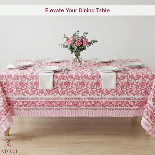 ATOSII Red Bloom 100% Cotton Tablecloth, Handblock Print Rectangle Table Cover for Kitchen Dining I Tabletop Linen I Parties, Wedding, Spring Summer Table Cloth 60 X 108 Inches by ATOSII - Image 5
