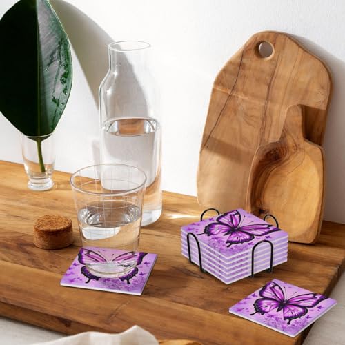 Dessous de verre en céramique papillon violet lot de 6 avec support métal pour table - 7