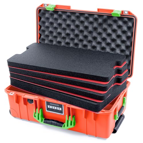 Pelican Air 1535 Carry-on Case by ColorCase - Orange - Medium Size Waterproof Case with Shadow Tool Foam Kit & Convoluted Lid Foam - Lime Green Handles & Latches