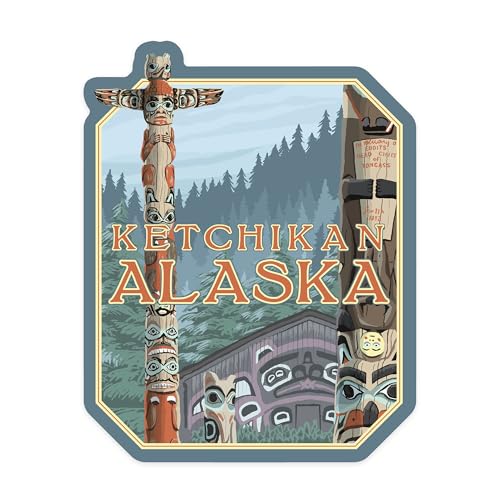 Lantern Press Sticker Ketchikan, Alaska, Alaska Totem Poles, Die Cut Vinyl, (Waterproof Decal for Cars, Water Bottles, Laptops, Coolers), Small