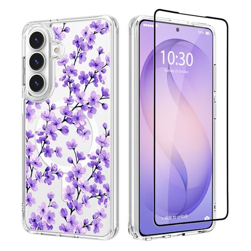 OOK Magnetic for Samsung Galaxy S26 5G Clear Case,Purple Cherry Flower