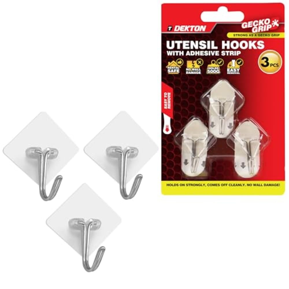 Dekton White Geckogrip Utensil Hooks 3Pc Chrome - Strong Adhesive Wall Hooks, Rental Safe, Holds Up To 500G, Easy To Apply & Remove - Ideal For Kitchen Utensils & Household Storage