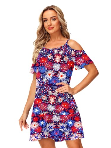 Image of Deerose Womens 4th of July Dresses Cold Shoulder American Flag Tie Dye A-Line Dress with Pockets