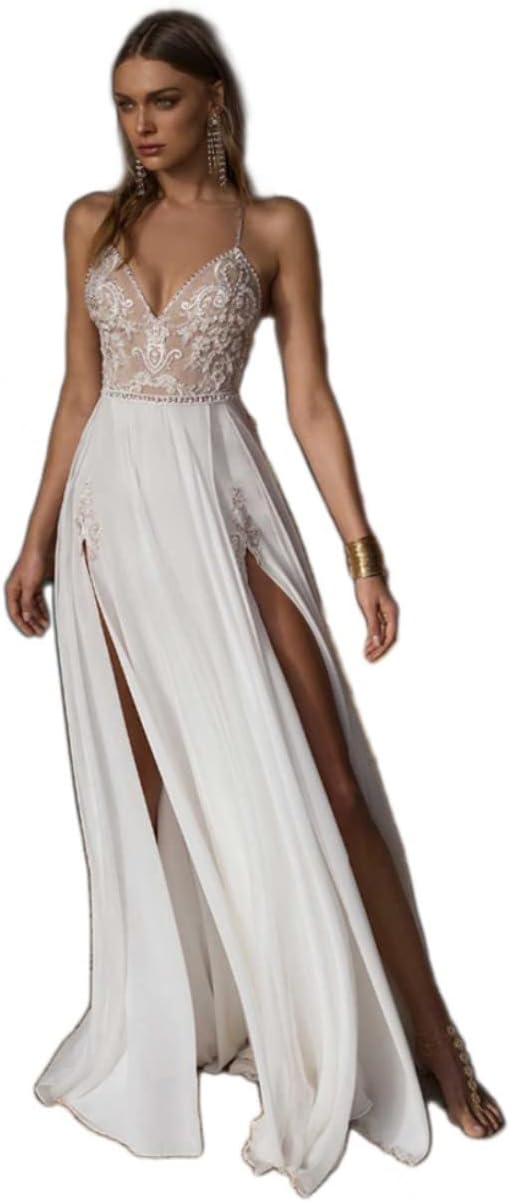 Sexy Boho Dress A-Line Floor-Length Sleeveless Chiffon Beach Wedding Dress