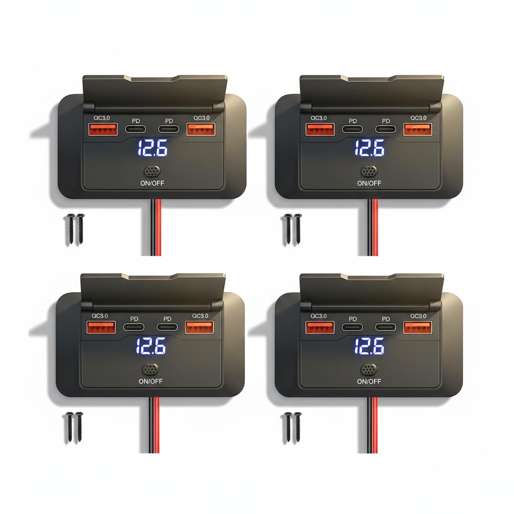 Novpow 4 Pack 4 Port USB Car Charger Socket 12V/24V, 96W Fast Charge Dual USB-C PD 36W & QC3.0, Waterproof USB Outlet with Switch & Voltmeter for Car RV Campervan Boat Truck
