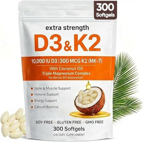 Megacephalus Vitamin D3 K2 Magnesium Complex Extra Strength D3 & K2 with Triple Magnesium Softgels D3 K2 Vitamin 10000 IU Softgels(1)