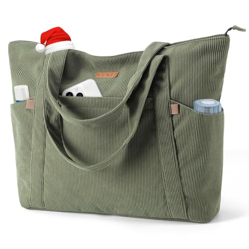 Lekesping Sac a Main Femme Grand Velours Cotelé, Sac de Plage avec Fermeture Éclair, Sacs de Courses Femme, Sacs Ordinateur 17 Pouces, Bandoulière Tote Bag Élégant pour Travail L'école Sport - Vert
