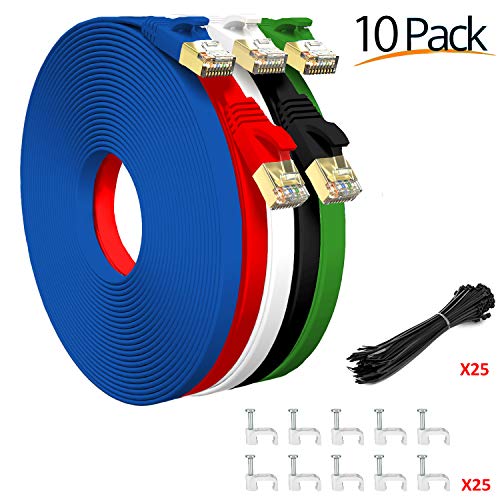 MutecPower 5m 10 Pack Cables de Red Ethernet Ultra Plano Cat 7 con enchufes RJ45 Cable Delgado Patch LAN Latiguillo - Cables de 5 Metros Rojo/Amarillo/Azul/Negro/Blanco con Bridas y Clips